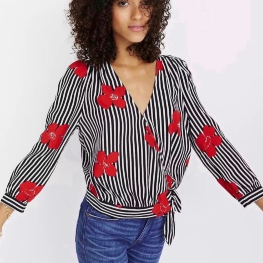 Madewell black & white striped blouse with red roses size small